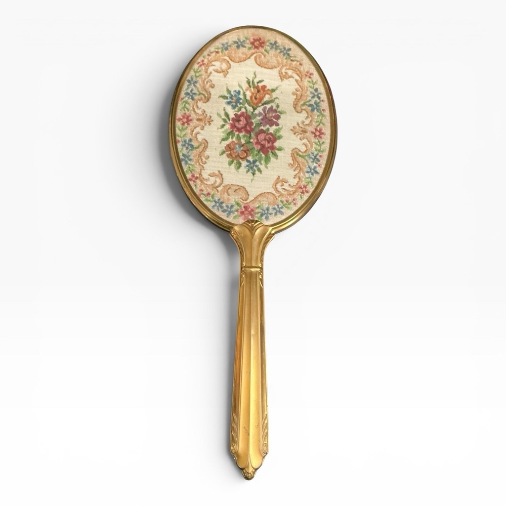 Vintage Austrian Style Petit Point Floral Vanity Hand Mirror Gold Tone 14"